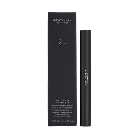 The RevitaLash Double-Ended 2-in-1 Lash Primer & Mascara Volume Set features Volumizing Primer and Mascara. It comes in a sleek black box with white text, presenting the product tube elegantly beside it, exuding a modern and sophisticated design.