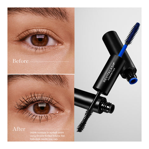 Close-up of two eyes: the left labeled Before with natural lashes, the right labeled After, featuring longer, fuller lashes achieved using RevitaLash Double-Ended 2-in-1 Lash Primer & Mascara Volume Set, positioned between them.