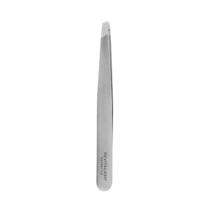 Close-up of RevitaLash Precision Tweezer, a silver professional-grade tweezer with slanted tips ideal for precision work. The handle has engraved text against a plain white background, emphasizing the sleek RevitaLash design.