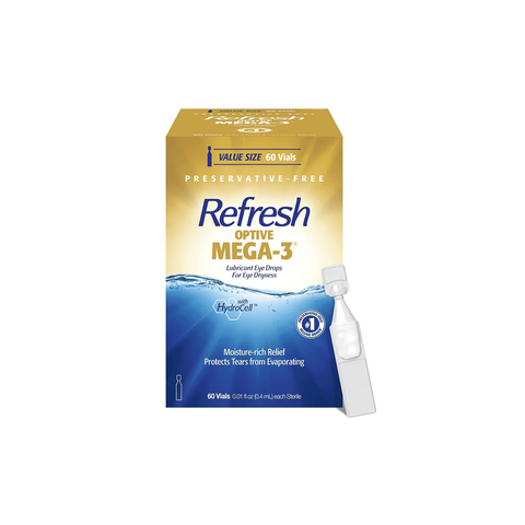 Refresh Optive MEGA-3 Lubricant Eye Drops Preservative-Free Artificial Tears (0.4 mL), 60 Single-Use Container Vials