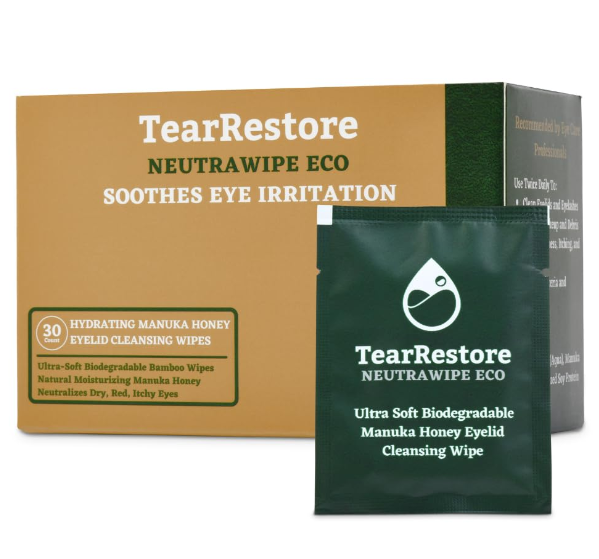 TearRestore NeutraWipe Eco Manuka Honey Eyelid Wipes | Ultra-Soft Biodegradable Eyelash Cleanser (30 Count)