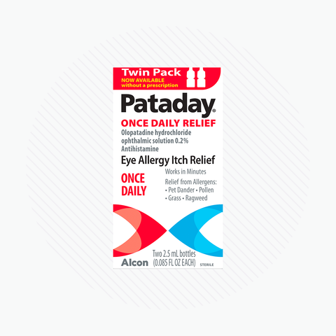 The image shows the packaging for Alcons Pataday Once Daily Relief Eye Drops, featuring olopatadine hydrochloride. It promises relief from pet dander, pollen, grass, and ragweed with Once Daily Relief. The package contains two 2.5 ml bottles.