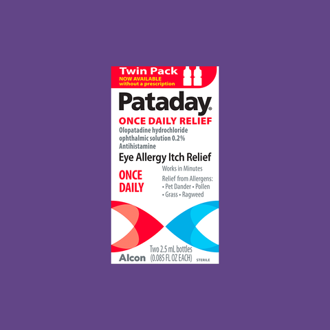 A box of Alcons Pataday Once Daily Relief Eye Drops (Twin Pack) is displayed on a purple background. These antihistamine drops with olopatadine hydrochloride provide relief from eye allergy itch due to pet dander, pollen, grass, and ragweed.