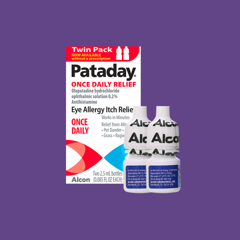 On a purple background, an image shows a Pataday Once Daily Relief Twin Pack box from Alcon, with two 2.5 mL bottles of olopatadine hydrochloride eye drops promising allergy relief from pet dander, grass, and ragweed.