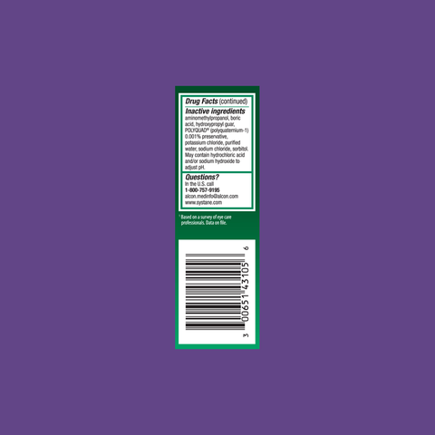 The image displays the back of a Systane Ultra High Performance Lubricant Eye Drops 10mL box by Alcon, set against a purple background. It shows drug facts, inactive ingredients, a barcode, contact info for questions, and advises consulting a healthcare professional if uncertain.