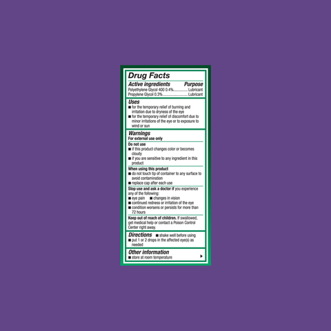 The Systane Ultra High Performance Lubricant Eye Drops 10mL by Alcon features a drug facts label with sections on active ingredients (Polyethylene glycol 0.4%, Propylene glycol 0.3%), uses, warnings, directions, and other information for dry eyes relief against a purple background.