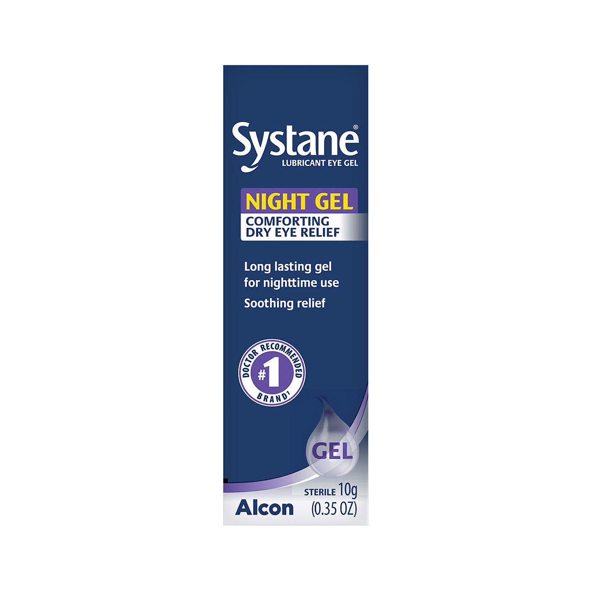 Systane Night Gel, a 10g product by Alcon, features blue and white packaging with text: Comforting Dry Eye Relief, Long-lasting gel for nighttime dry eye protection, Soothing relief, and #1 Doctor Recommended Brand logo.