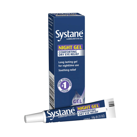 A box and tube of Alcons Systane Night Gel for Comforting Eye Relief at Nighttime (10g/.35oz). The dark blue box with yellow and white text is labeled Long lasting gel for nighttime use. The white tube with a navy blue cap provides overnight dry eye protection.