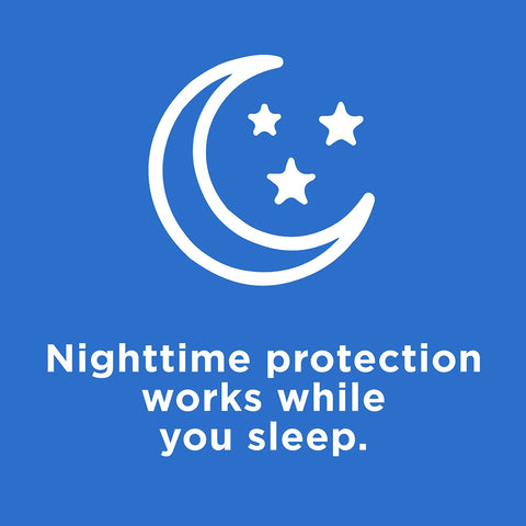 A blue background with a white crescent moon and three stars depicts Systane Night Gel by Alcon, offering overnight eye relief.